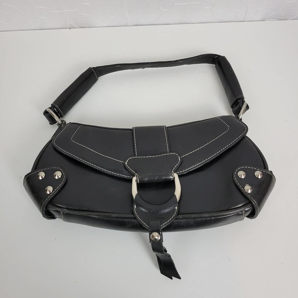 Vintage Aldo Y2K Shoulder Bag 11" x 5" Black Leather Studded Rivets Snap Closure